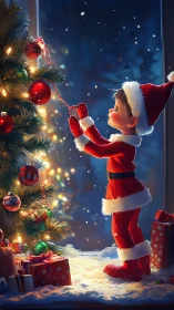 Child in red Santa suit decorates glowing Christmas tree.