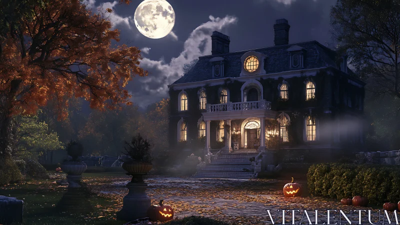 3D autumnal manor façade under moonlit Halloween atmosphere.