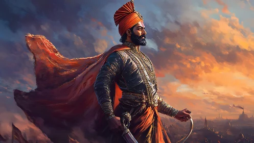 Regal warrior in ornate armor surveys sunset-illuminated fortress skyline