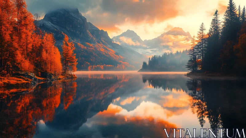 Autumn mountain lake reflects fiery forest and glowing sunrise