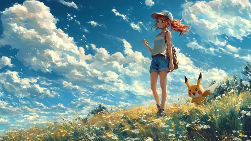 Anime girl and electric creature crossing sunlit summer field.