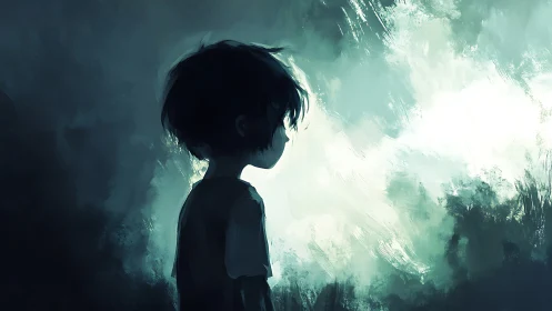 Silhouetted child studies cold glowing void in darkness