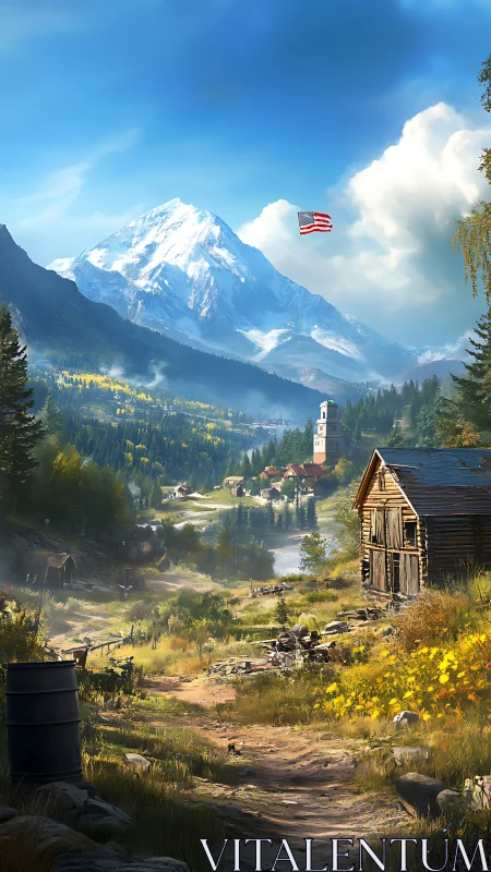 Snowcapped mountain towers over rustic American valley.