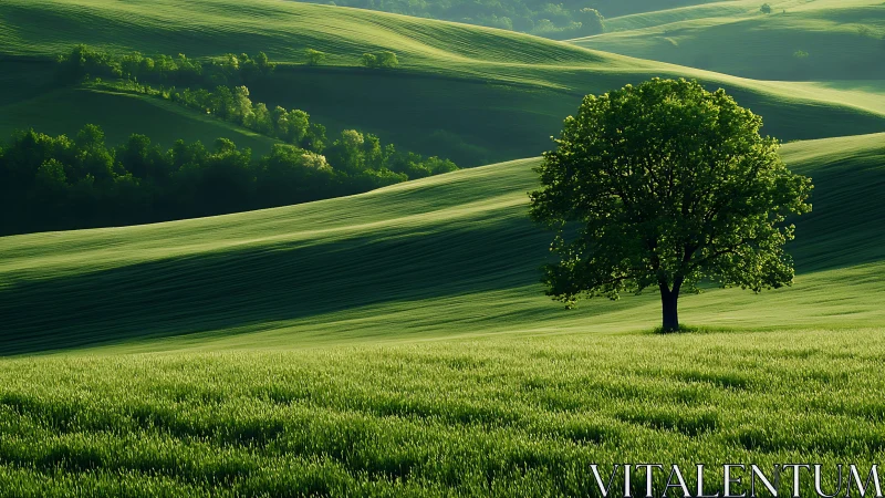 Solitary green sentinel amid rolling sunlit meadow waves.
