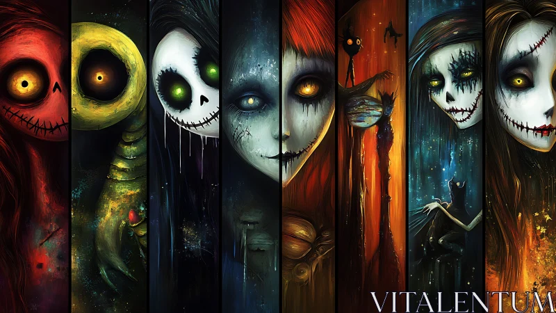 Elongated gothic portraits of stitched-eyed spectral figures