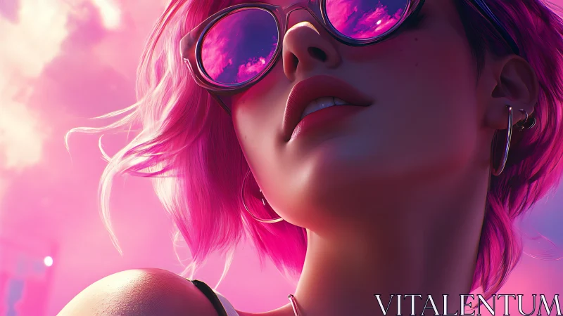 Neon pink haired woman in sunglasses under vivid sky.