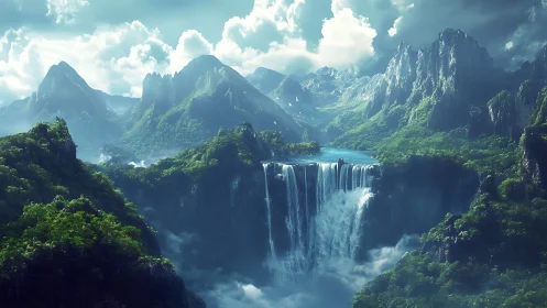 Digital painting of tiered waterfalls in misted alpine canyon.