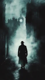 Silhouetted stranger walks foggy Victorian alley at night