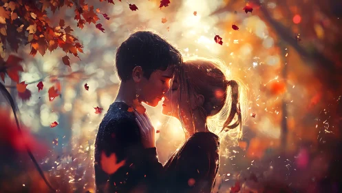 Two figures share an intimate moment amid falling autumn leaves.