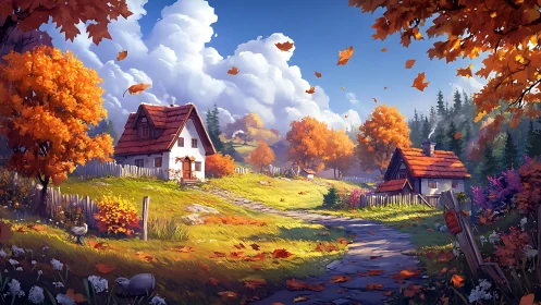 Rural cottages along winding path in autumn landscape.
