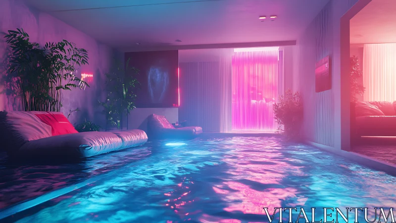Neon-lit indoor pool lounge with futuristic ambient glow.