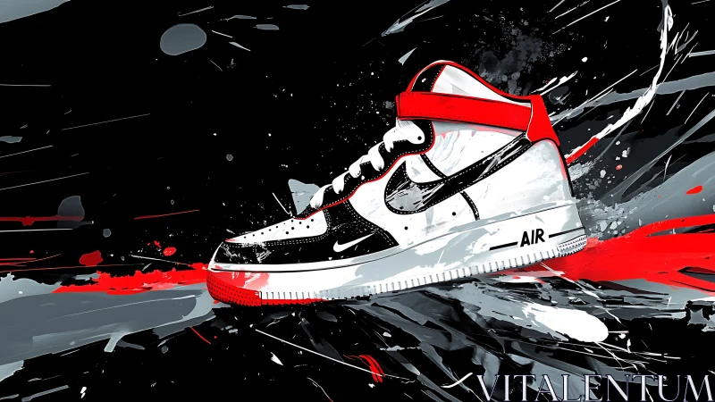 Street sneaker bursts through bold red black paint storm.