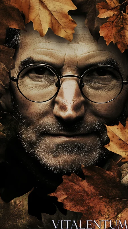 Portrait immersed in autumn leaves with intense, aging gaze.