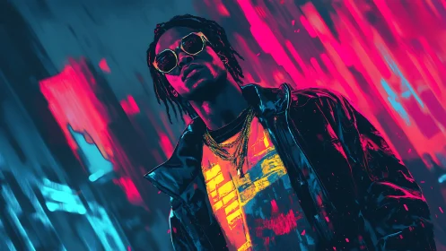 Neon drenched street icon strides through electric night.