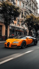 Orange supercar driving on city street with motion blur.
