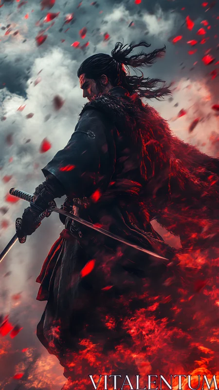 Digital painting of samurai warrior in dynamic firestorm composition.