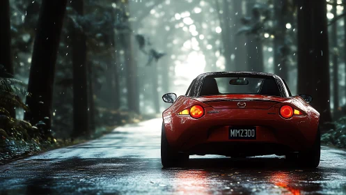 Red roadster glows on rain-soaked forest lane at dusk.