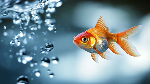 Goldfish glides through crystal bubbles in cool water.