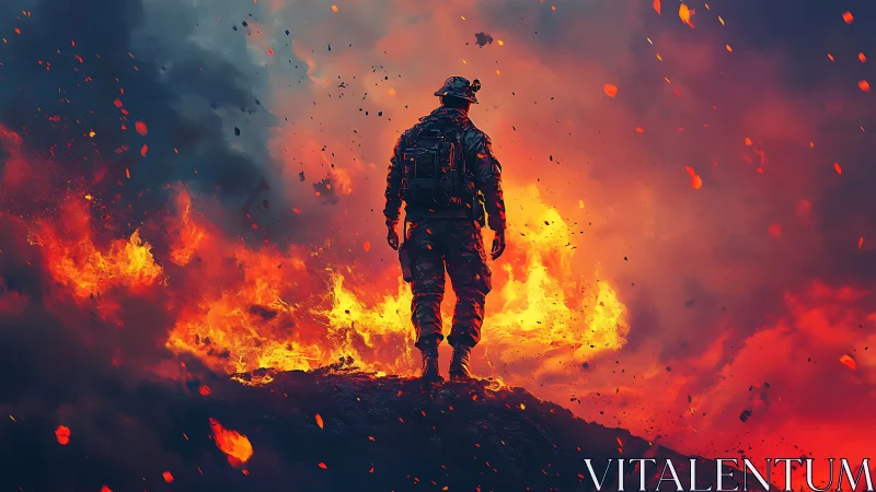 Solitary Warrior Standing Tall Amid Inferno and Flame.