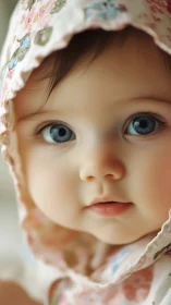 Infant portrait with blue eyes wearing floral headwrap.