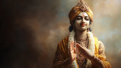 Serene divine figure radiates calm in golden devotional light