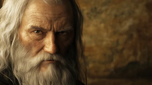 Elderly bearded man in warm chiaroscuro digital close-up portrait.