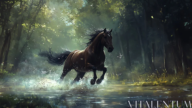 Galloping bay horse cutting through a sunlit forest stream.