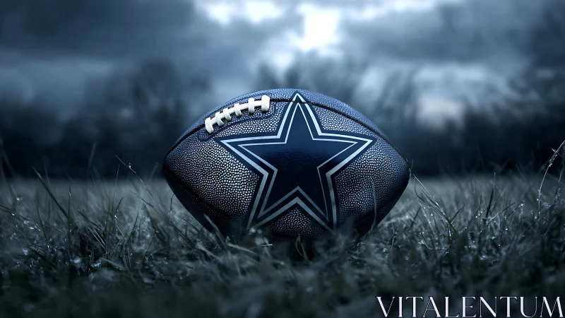 Textured football rests on wet grass under stormy sky
