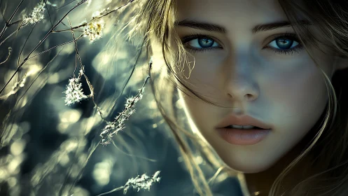 Glimmering blue-eyed portrait rests among soft wild branches