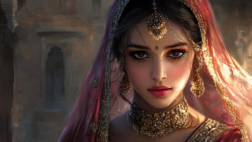 Digital portrait of regal woman in ornate bridal jewelry.