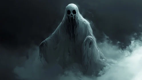 Shrouded phantom emerging through swirling spectral fog.