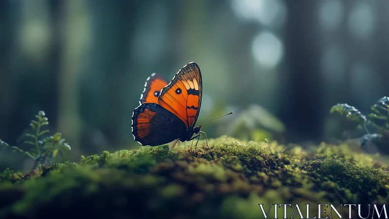 Macro study of an orange butterfly resting on mossy forest floor