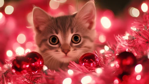 Gray kitten among pink Christmas lights and ornaments.