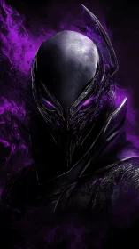 Shadowed alien warlord emerges amid burning violet ether