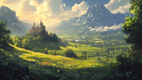 Sunlit valley cradles a storybook castle beneath vast peaks