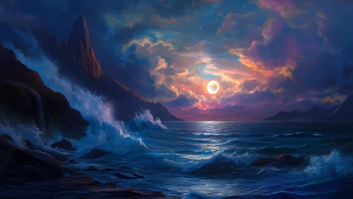 Lunar-illuminated tempest seascape with stratified storm clouds.