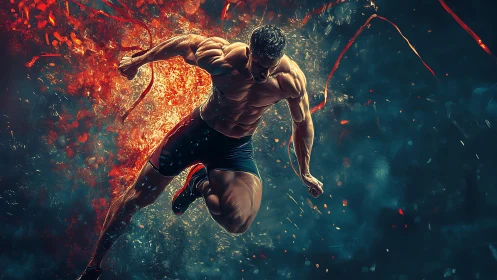 Muscular sprinter bursts through abstract fiery energy field