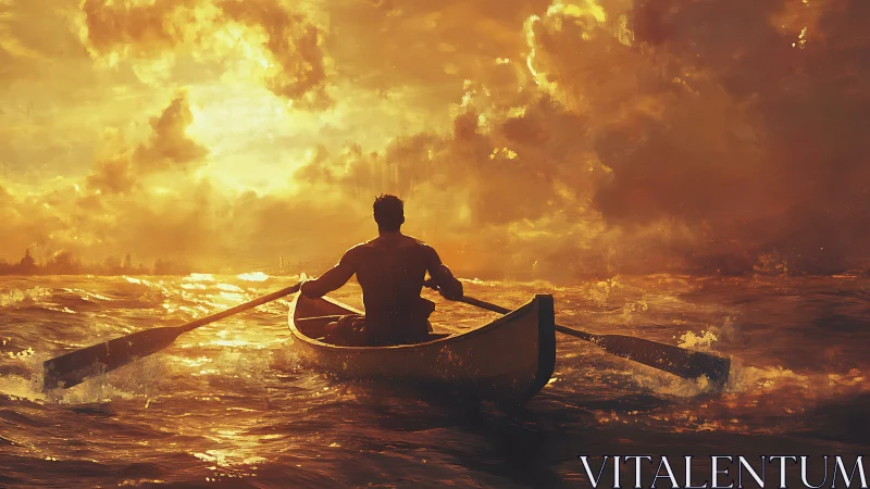 Sunstruck rower carves molten paths through the restless sea