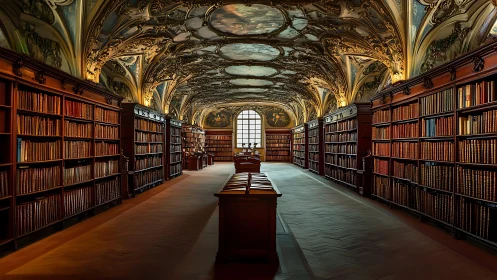 Baroque vaulted library interior with symmetrical shelving and warm luminance