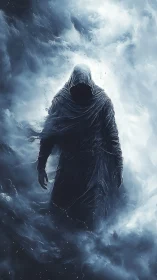 Mysterious hooded wanderer strides through stormy blue mist