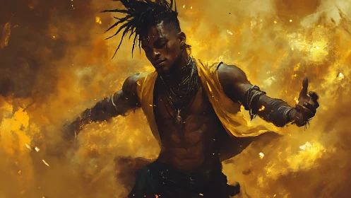 Fireborn dancer strides through molten storm of embers.