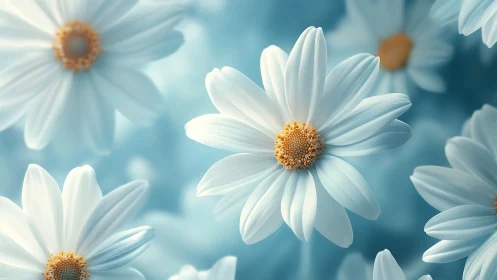 White daisies in soft blue bokeh background closeup.