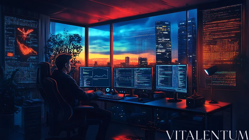 Night coder gazes over a glowing city from a high-tech desk