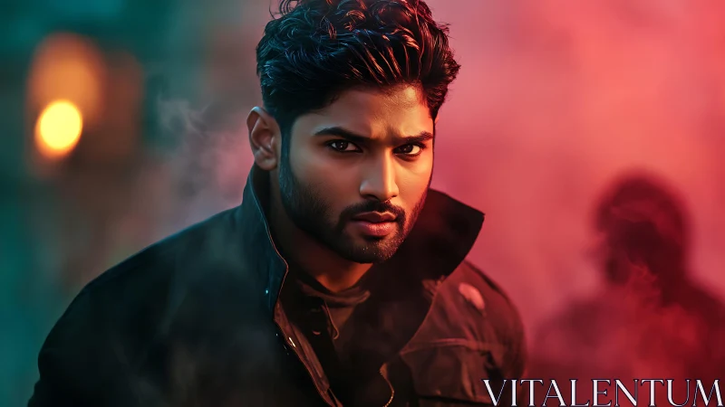 Intense man framed by neon smoke in dramatic portrait lighting