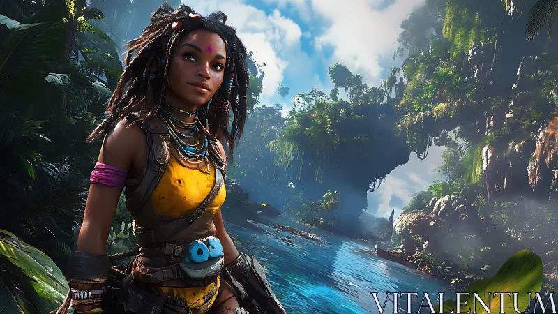 Jungle explorer girl beside vivid tropical river gorge.