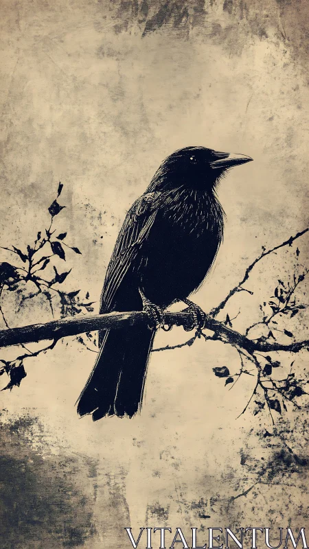 Perched Raven: Ink Study on Textured Vintage Ground