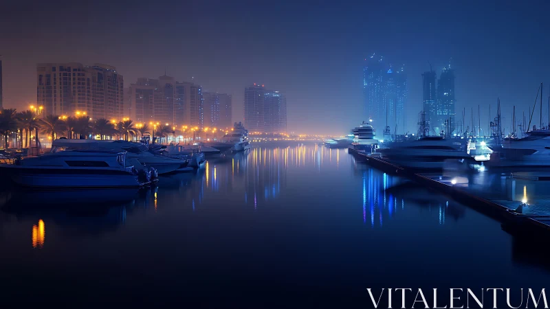 Neon marina rests beneath misty high rise skyline at night.