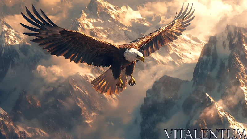 Majestic Bald Eagle Soaring Over Misty Mountain Peaks in Realistic Style.