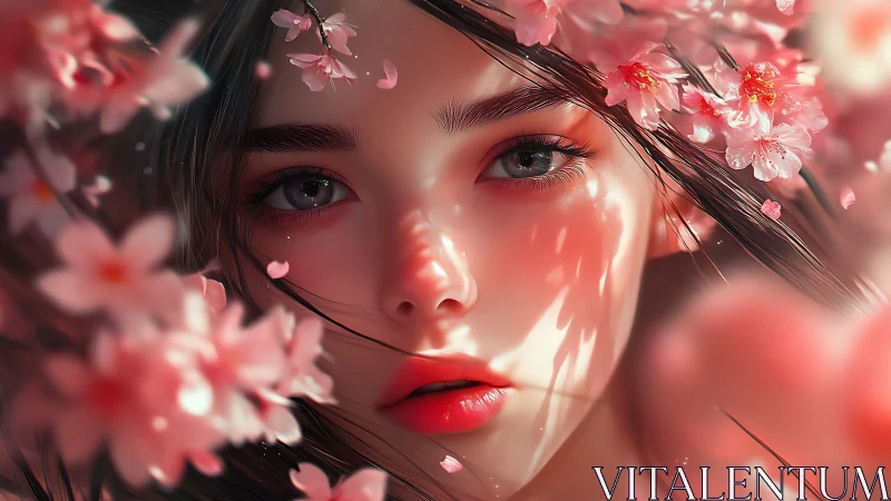 Soft spring gaze framed by dreamy cherry blossoms.