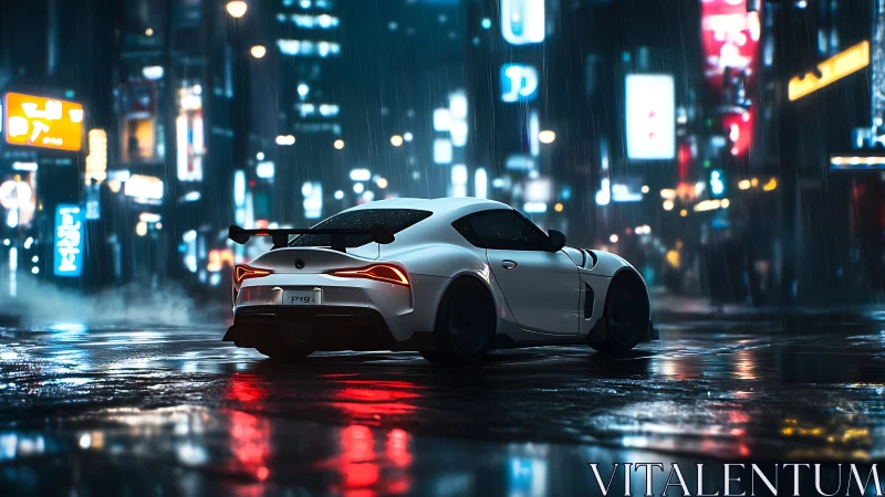 White sports car on wet neon city street at night.